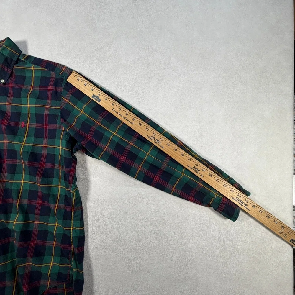 Ralph Lauren Mens Large Plaid Button Down Shirt Classic Fit Green Navy Blue